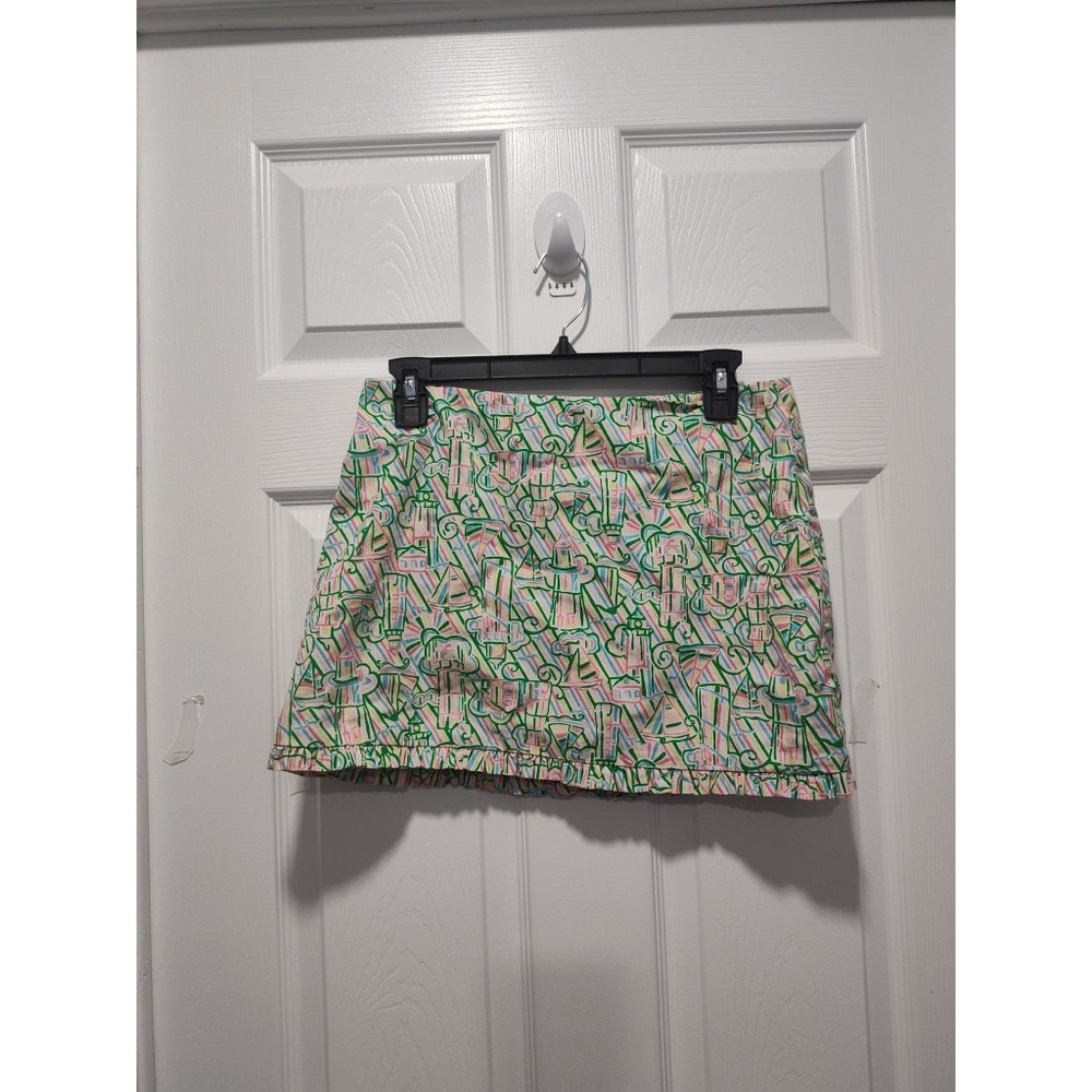Lilly Pulitzer Green Pink sailboat lighthouse‎ Skirt Size 0 Ruffled trim Lined
